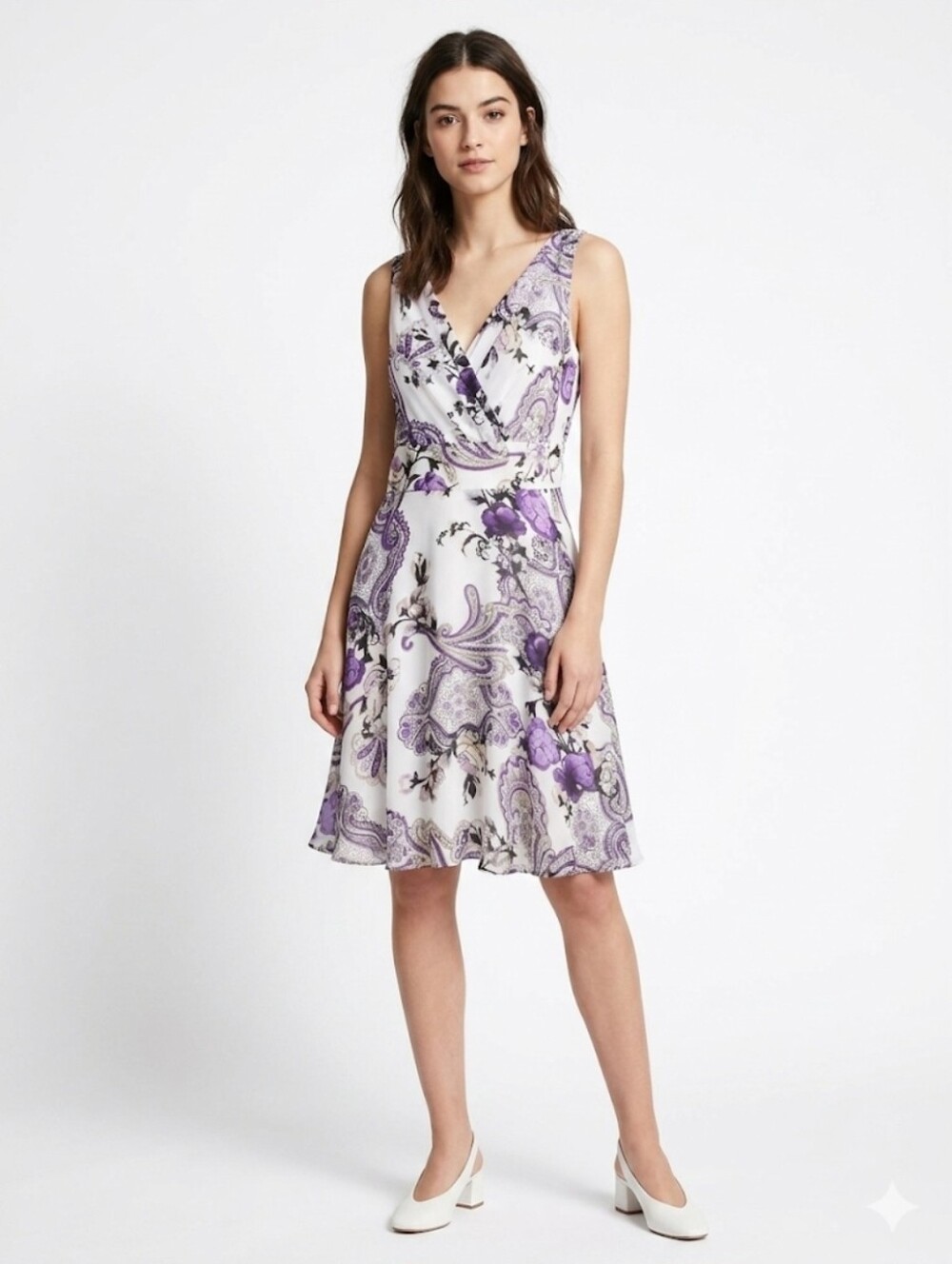 White House Black Market White and Purple Paisley Midi Dress Size 6